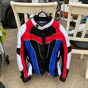 Olympia touring Bold Red, Blue, and Black Motorcycle Jacket with raincoat liner
